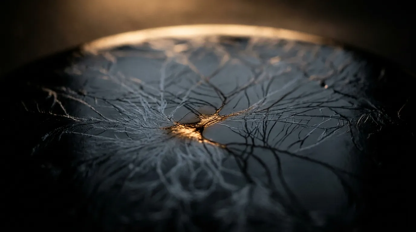 A neural topology of cool filaments in black liquid metal, one node warming to gold where the intelligence concentrates